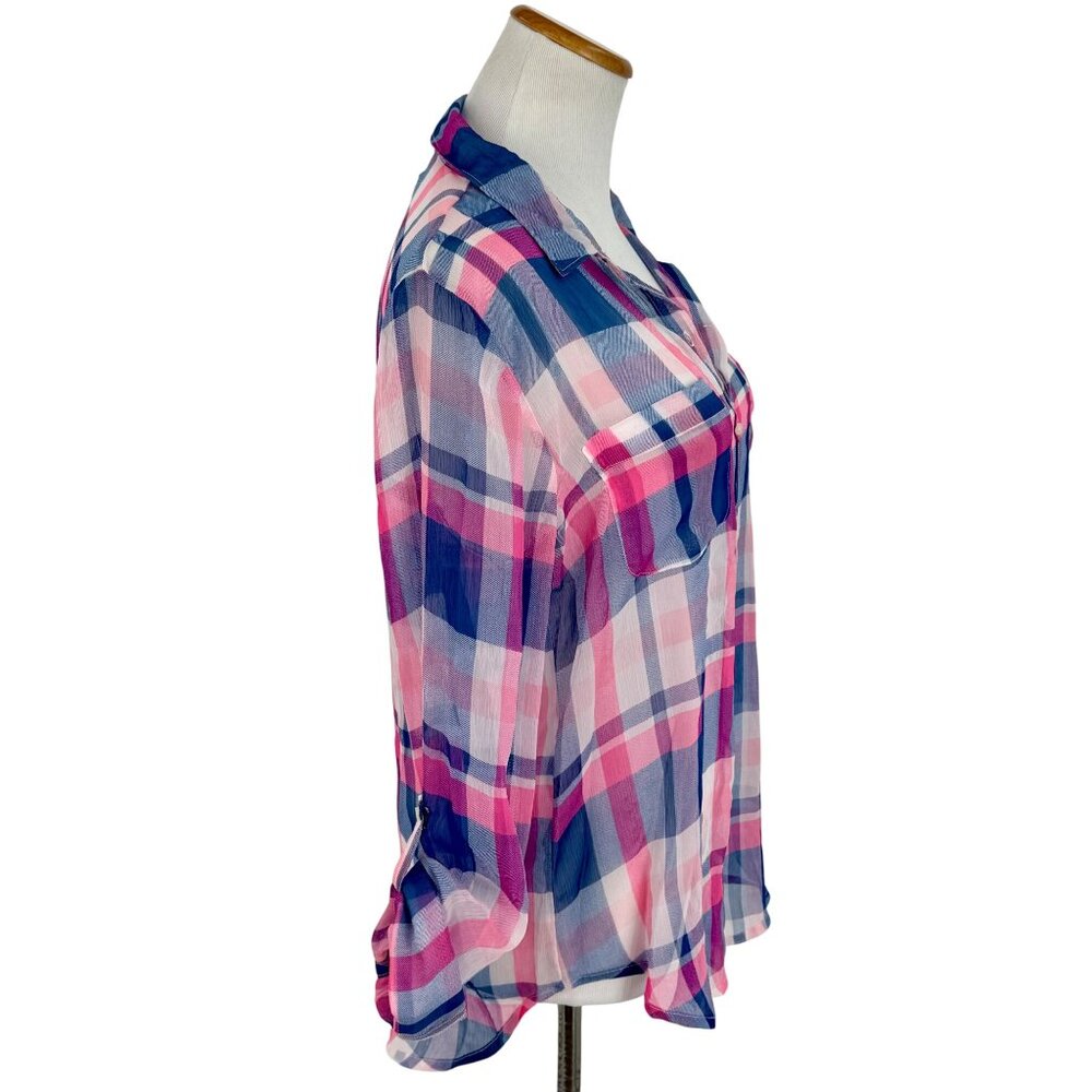 Hollister 2016 Pink & Blue Sheer Plaid Button-Up & Roll Cuffs Casual Relaxed Top - Picture 6 of 13